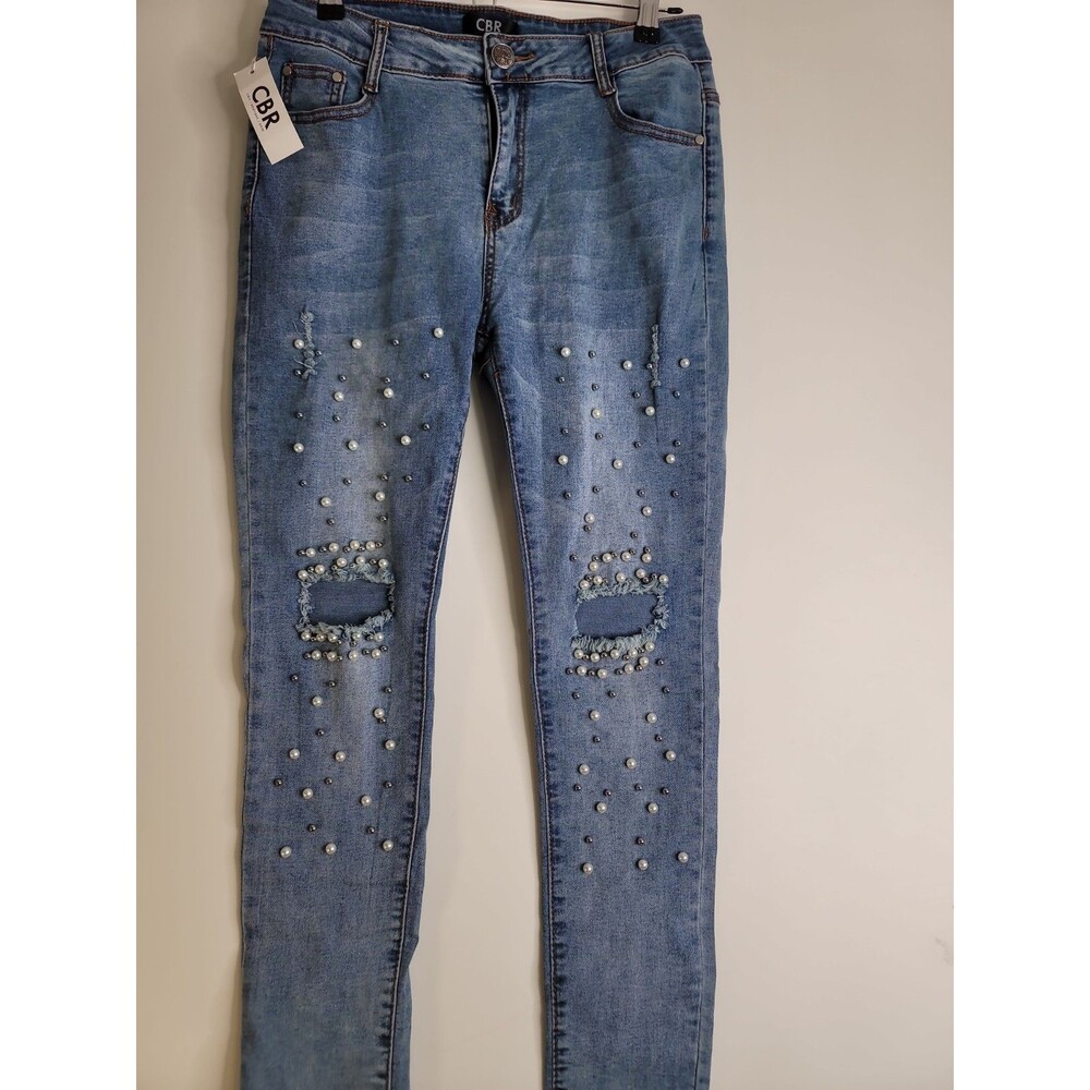 Y2K Pearl Embellished Ripped Skinny Jeans Women's L Stretch Cropped Denim